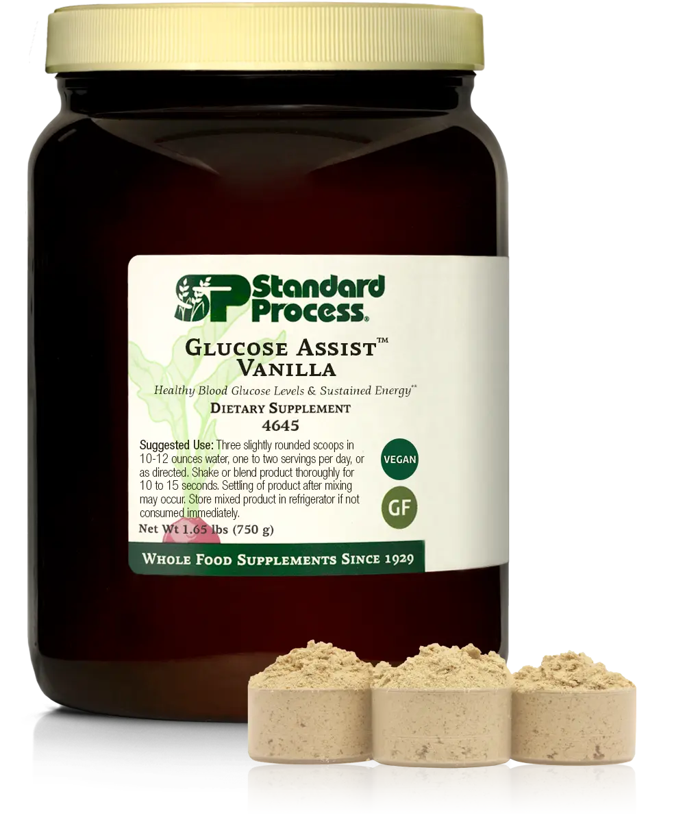 Glucose Assist Vanilla jug next to three scoops of powder