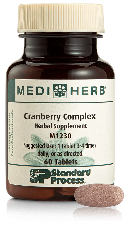 A bottle of Cranberry Complex next to a tablet.
