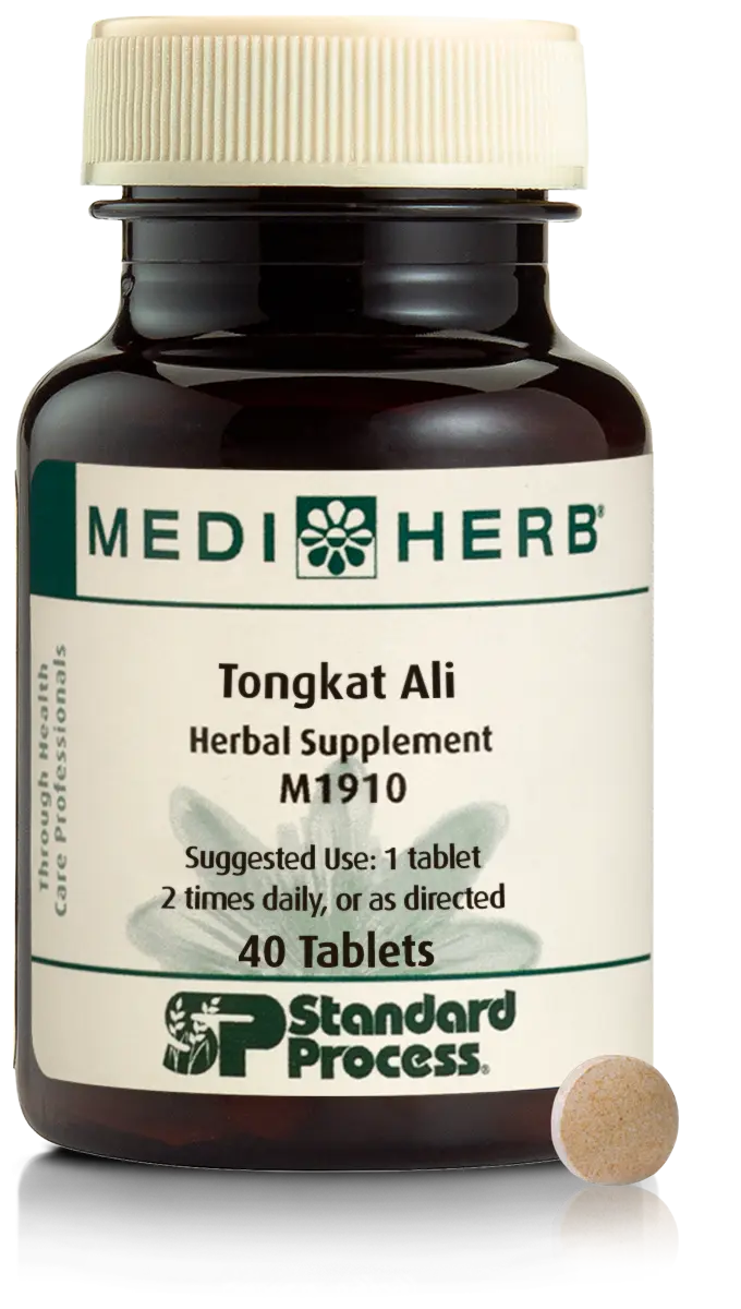 A bottle of MediHerb® Tongkat Ali, a testosterone support supplement for older men, next to a tablet of the supplement.