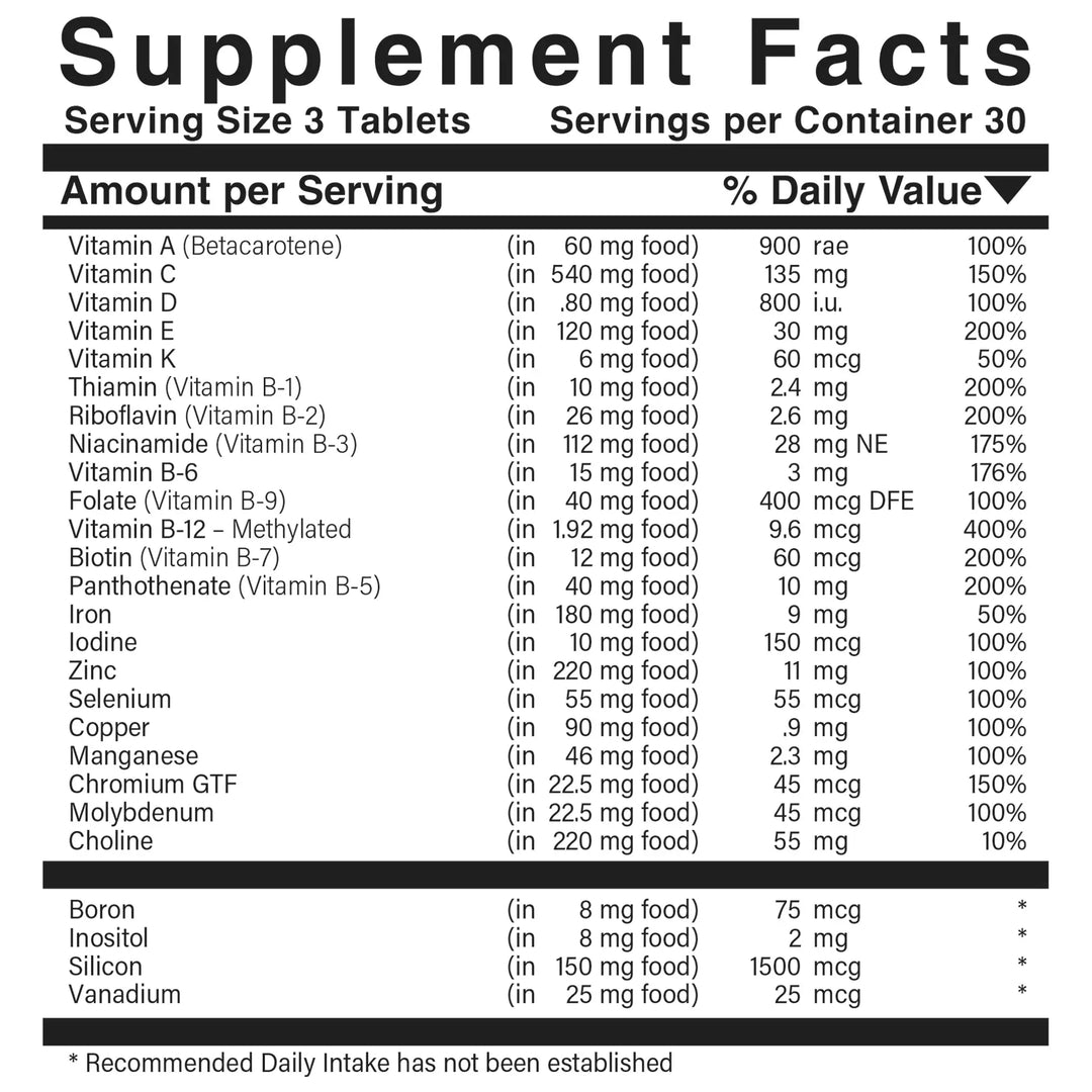 Vitamin-Mineral food-based multivitamin tablets supplement label