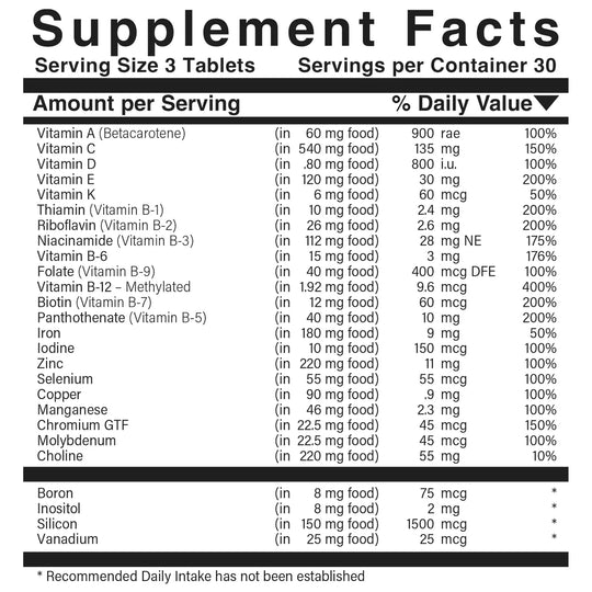 Vitamin-Mineral food-based multivitamin tablets supplement label